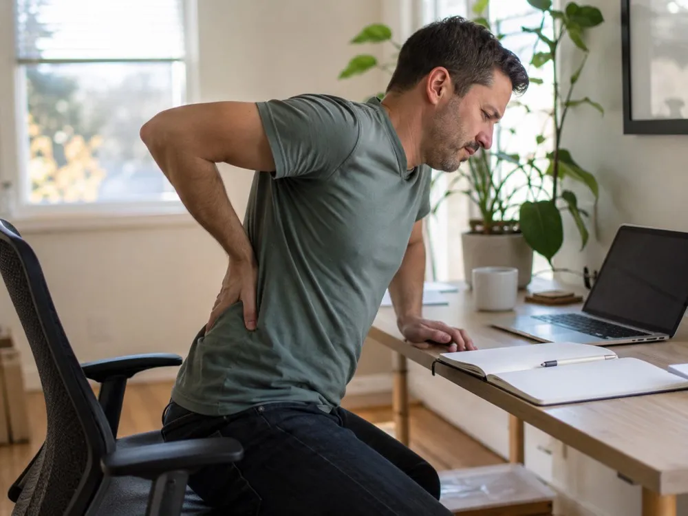 Desk worker pressing a hand to their lower back as they stand up from their chair in the afternoon