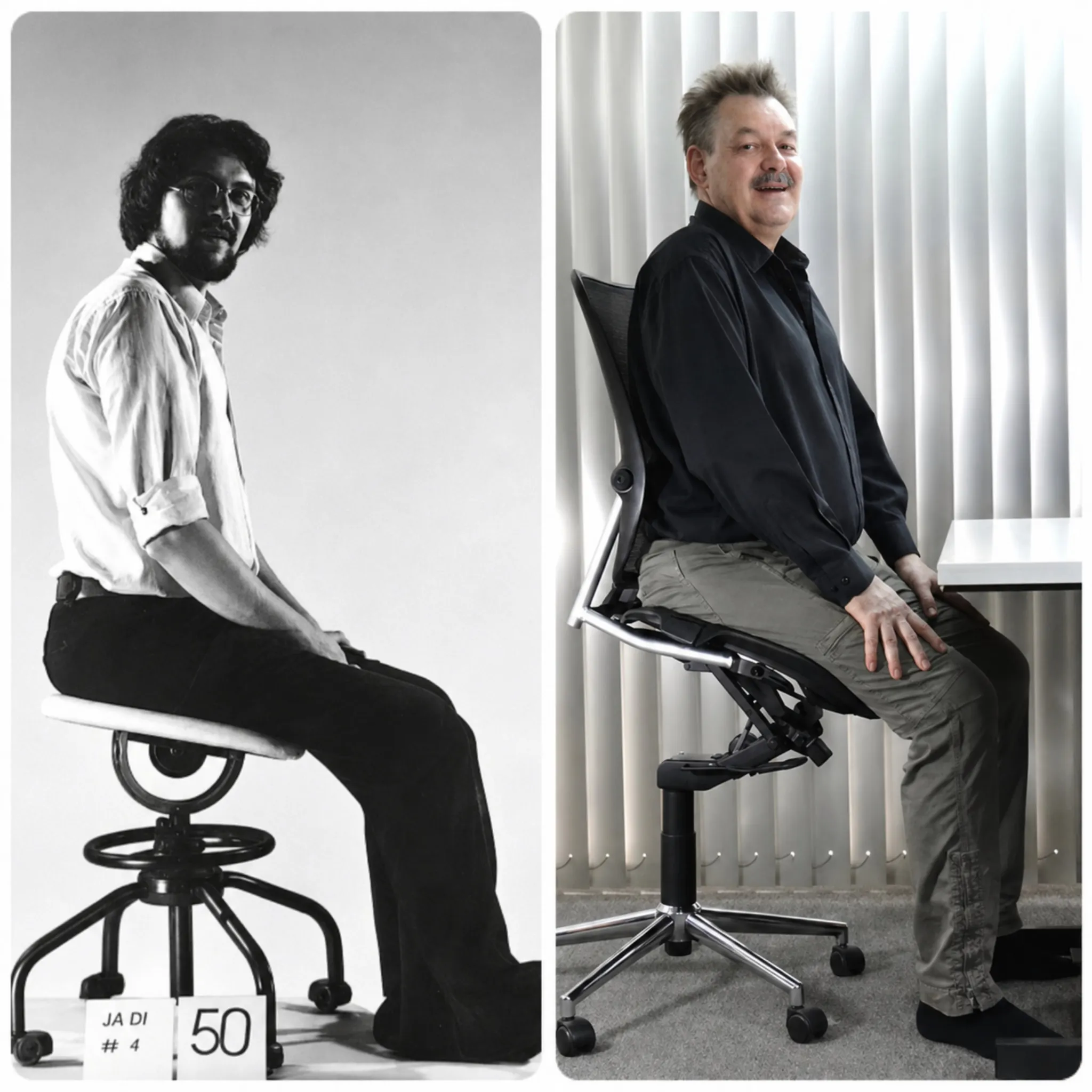 Forty-year comparison showing the evolution from an early ergonomic chair concept to a modern prototypes Levitask Vision Chair
