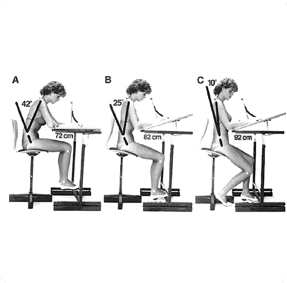 A sequence of four black and white line drawings illustrating a user interacting with an adjustable office chair.