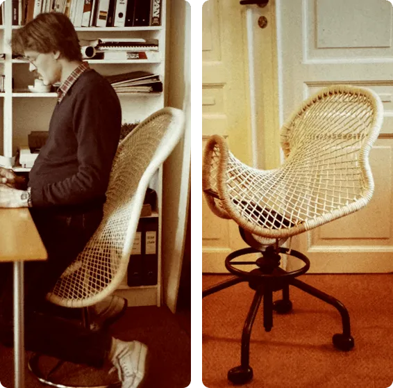Two side-by-side black and white photographs showing chair development. The left panel is a candid photo of a man in a suit adjusting a mechanical component of a chair. The right panel shows a mechanical prototype frame for an office chair.