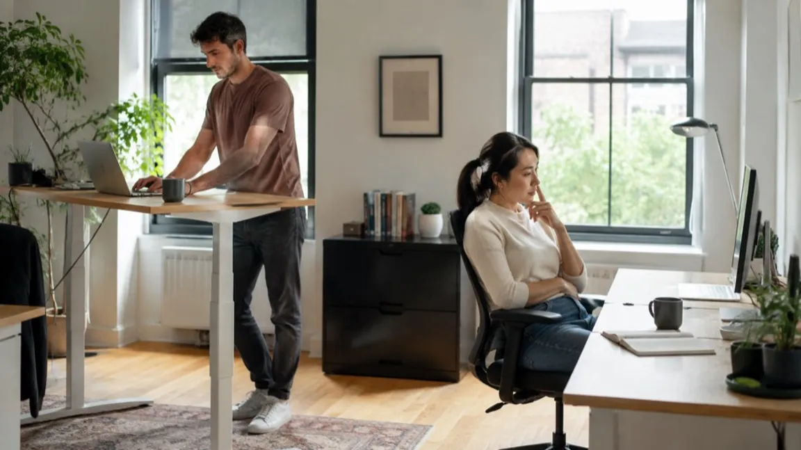 A real sit-stand workstation with a raised desk, a lean stool and a supportive chair in use
