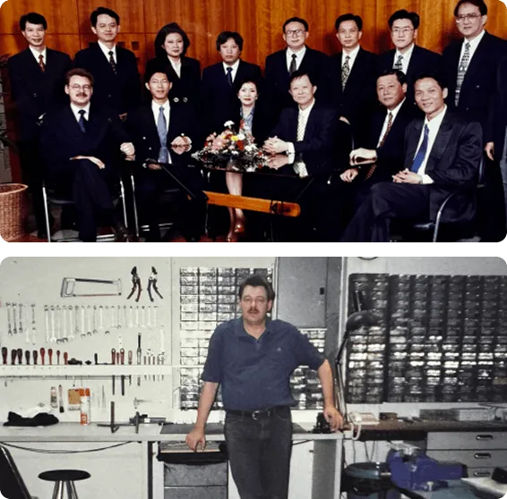 Two vertically stacked photographs. The top panel is a formal group portrait of multiple business executives posing together in suits. The bottom panel shows a workspace with a designer standing at a desk filled with technical drawings and tools.