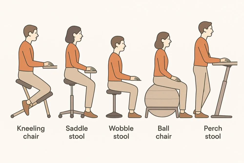 Illustration lineup of a kneeling chair, saddle stool, wobble stool, ball chair and standing-desk lean stool