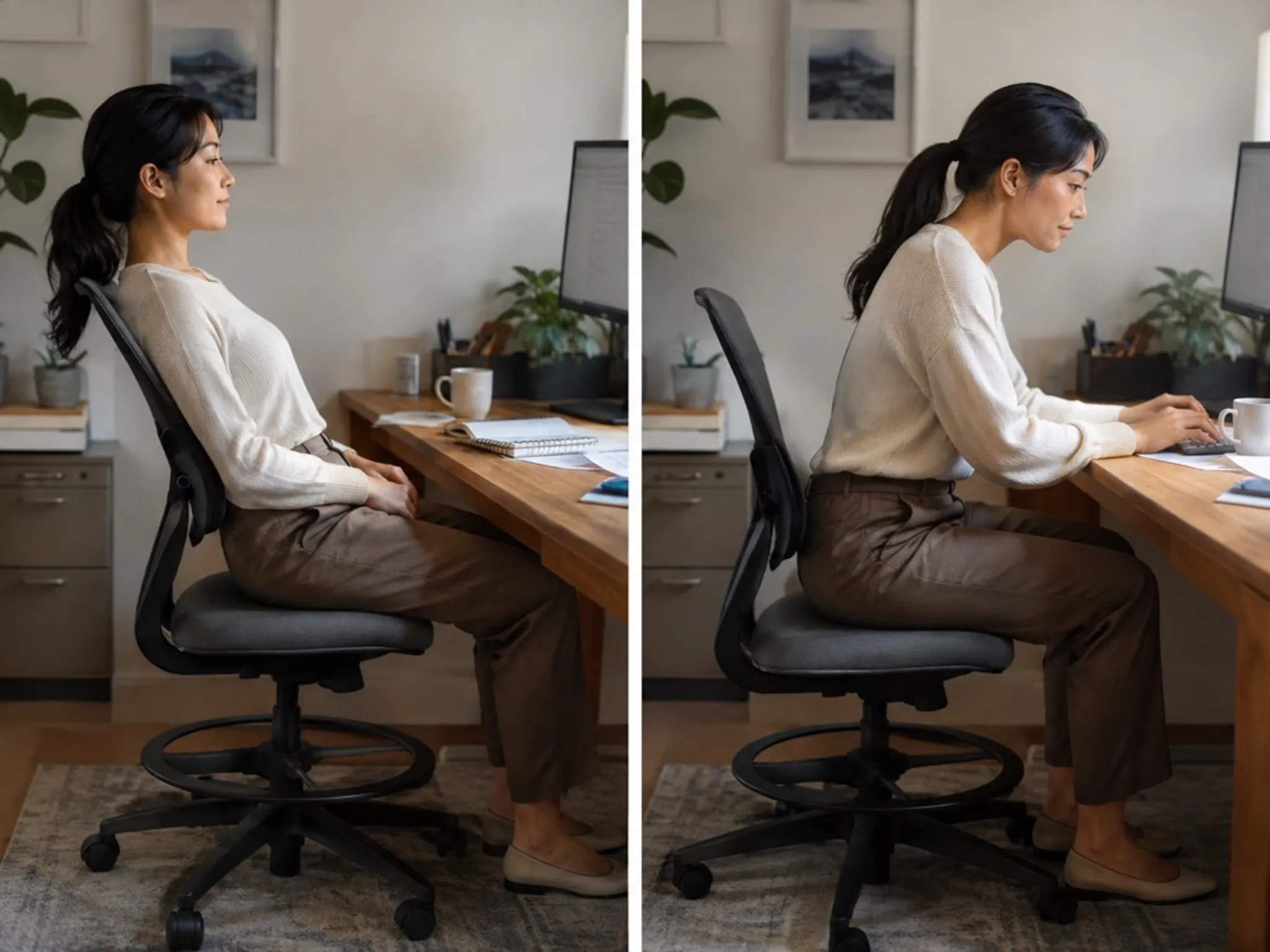 Desk worker shifting between a relaxed lean-back and a forward working posture at their desk