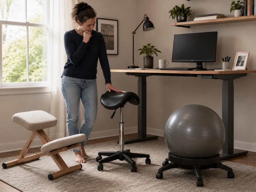 Illustrated lineup of alternative seating types from kneeling chair to saddle sit-stand, each labeled.