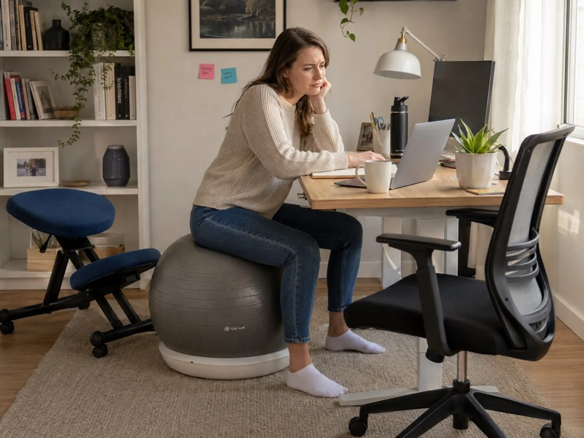 A person at a desk with a kneeling chair, exercise ball and task chair nearby, having tried several posture seats.