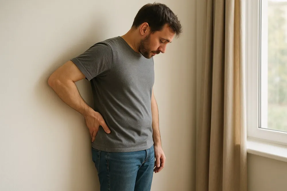 Diagram of a person against a wall sliding a hand into the gap behind their lower back to check for tilt.