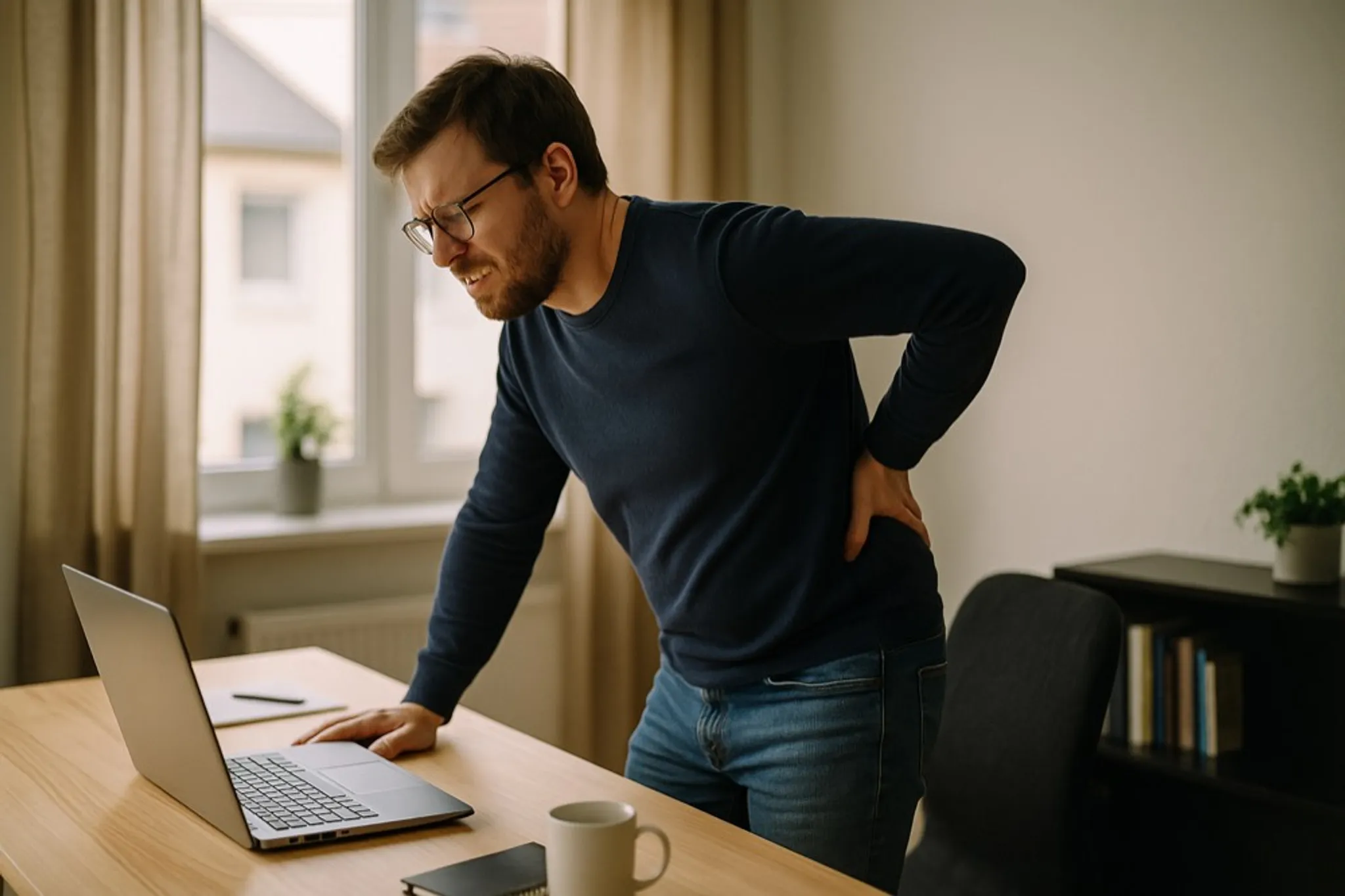 A person standing beside their desk chair, easing a tight lower back after sitting.