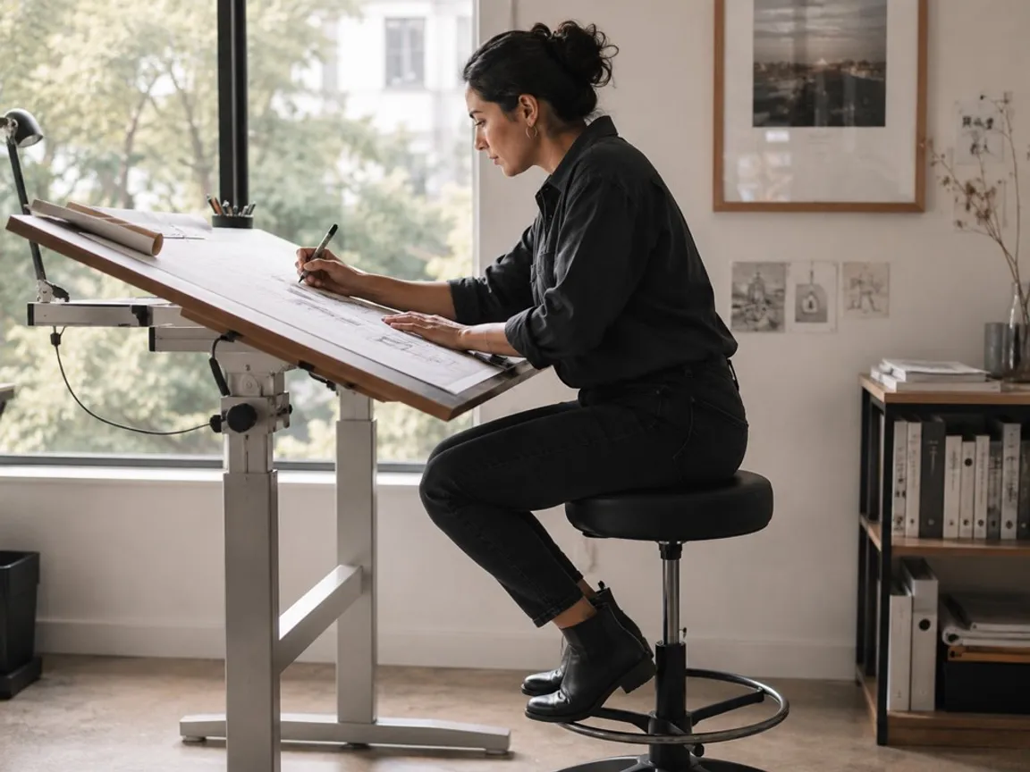 Person perched on a tall drafting stool working at a raised drafting table in daylight