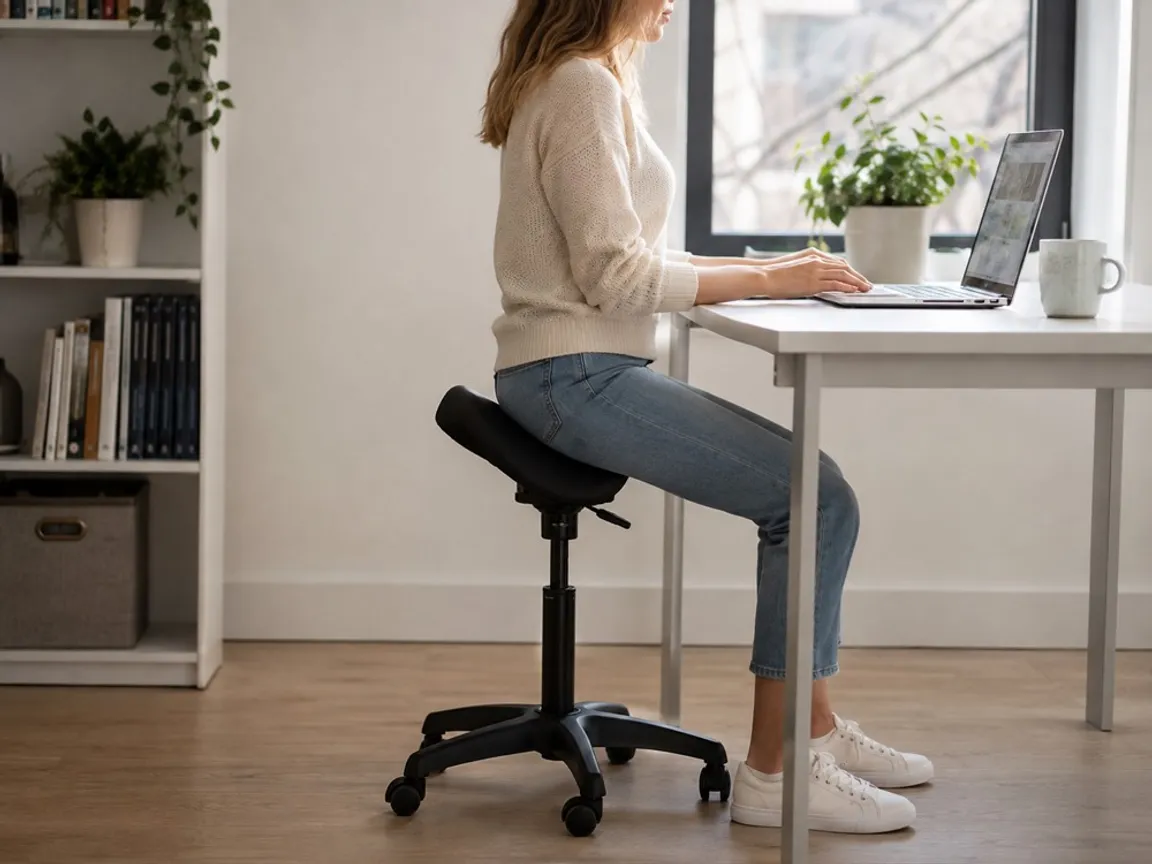 Dental hygienist working on a saddle stool with an upright spine and open hip angle in a bright clinic