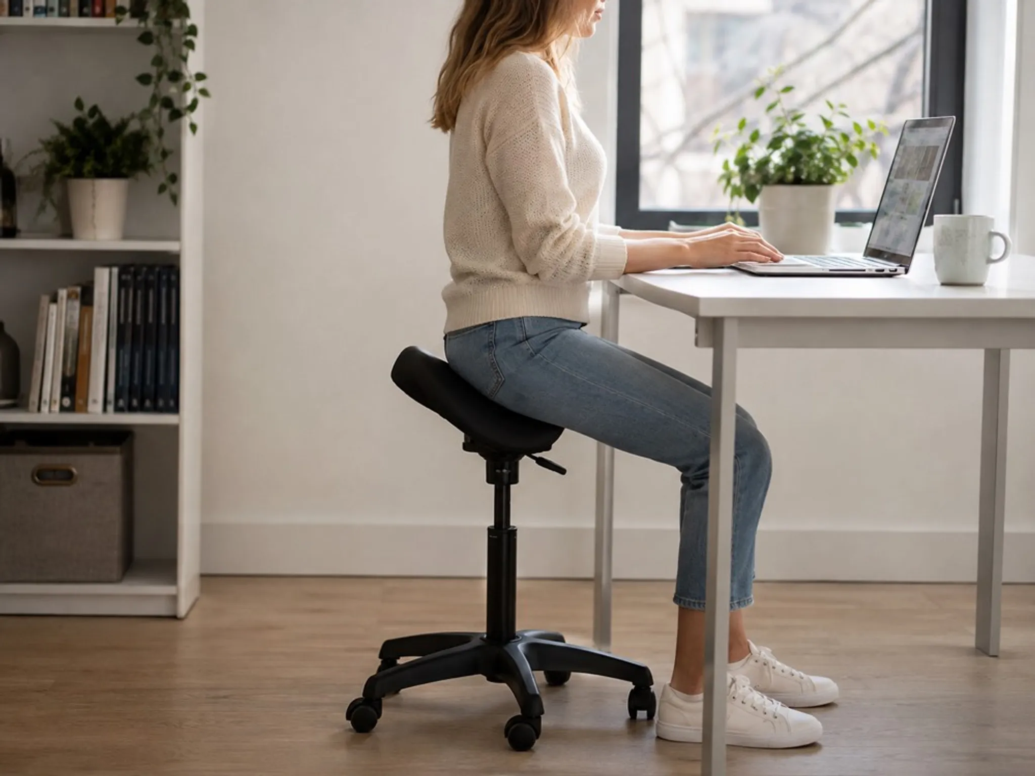 Dental hygienist working on a saddle stool with an upright spine and open hip angle in a bright clinic
