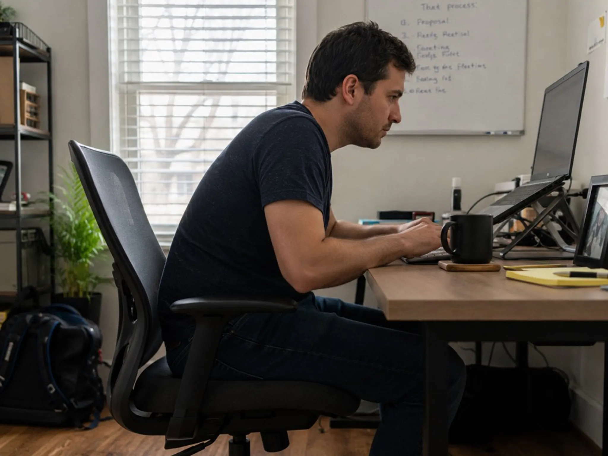 Person leaning slightly forward at a desk typing, in the real working posture rather than an upright showroom pose