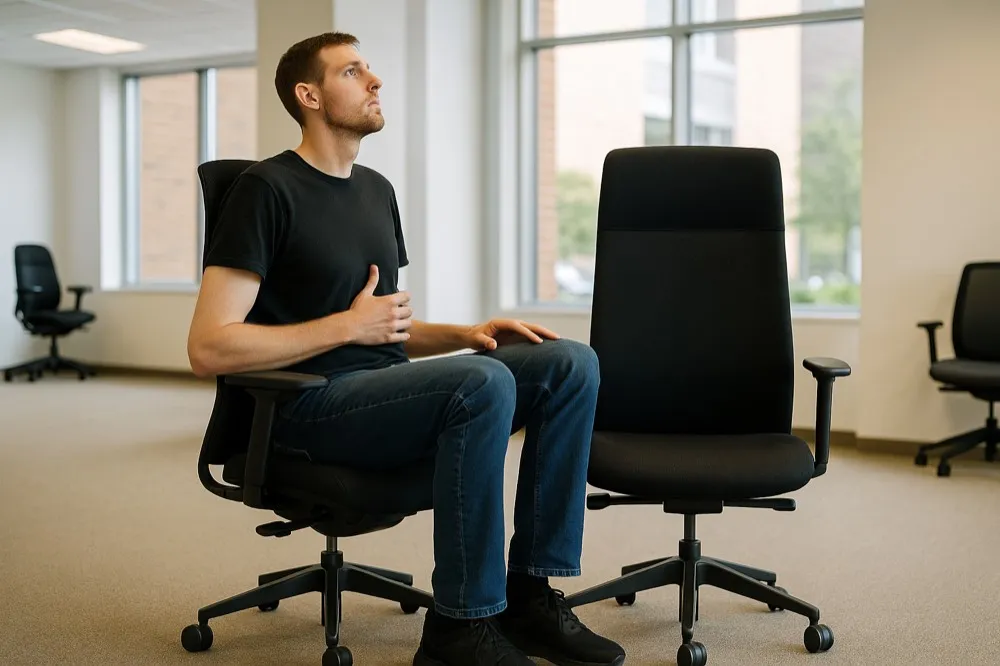 Fit diagram of a taller seated person with callouts for seat height, seat depth, backrest height and adjustable lumbar position