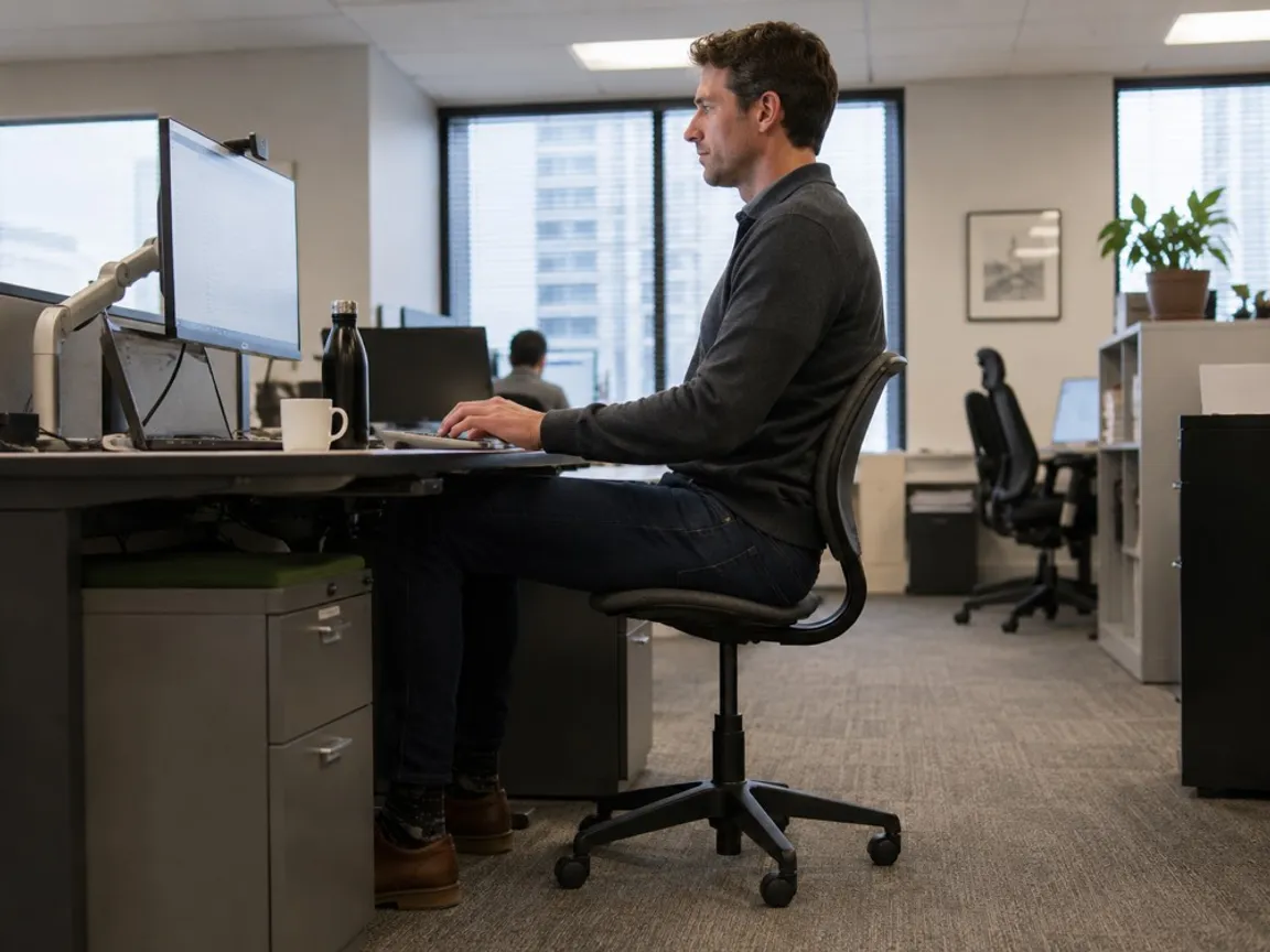 Tall person at a desk in a chair that is too small, knees above hip level and backrest ending below the shoulder blades