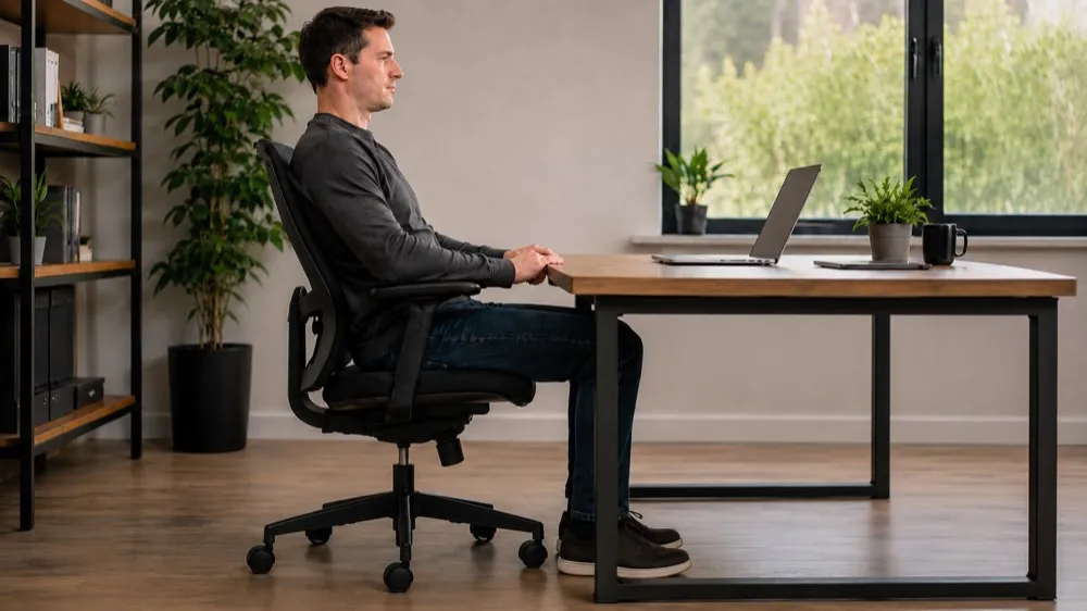 A properly adjusted ergonomic task chair supporting an upright working posture at a desk