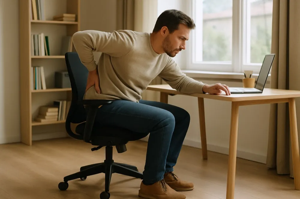 Shopper sitting forward in a chair, reaching behind their lower back to check for support while feet stay flat