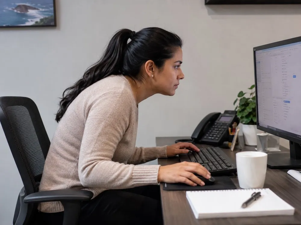 Diagram showing a laptop raised to eye level on a stand with a separate keyboard versus a low flat laptop