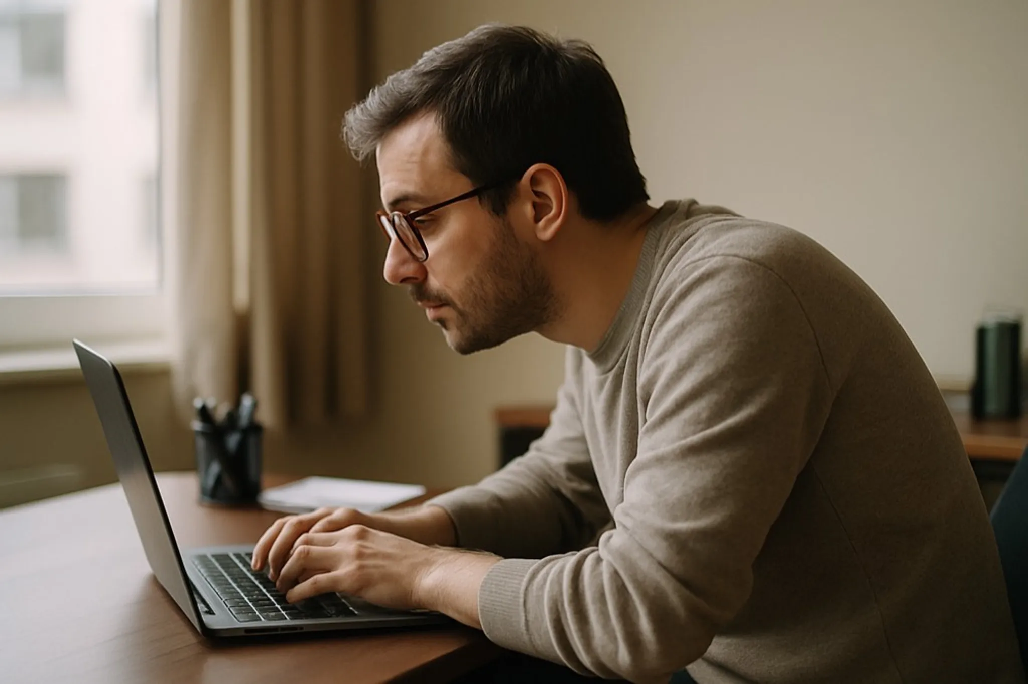 Person sitting at a desk with their head jutting forward toward a low laptop screen