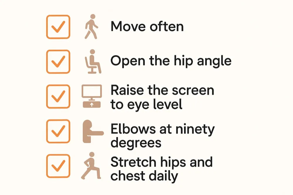 Illustrated checklist of five posture habits ranked by how much they help.
