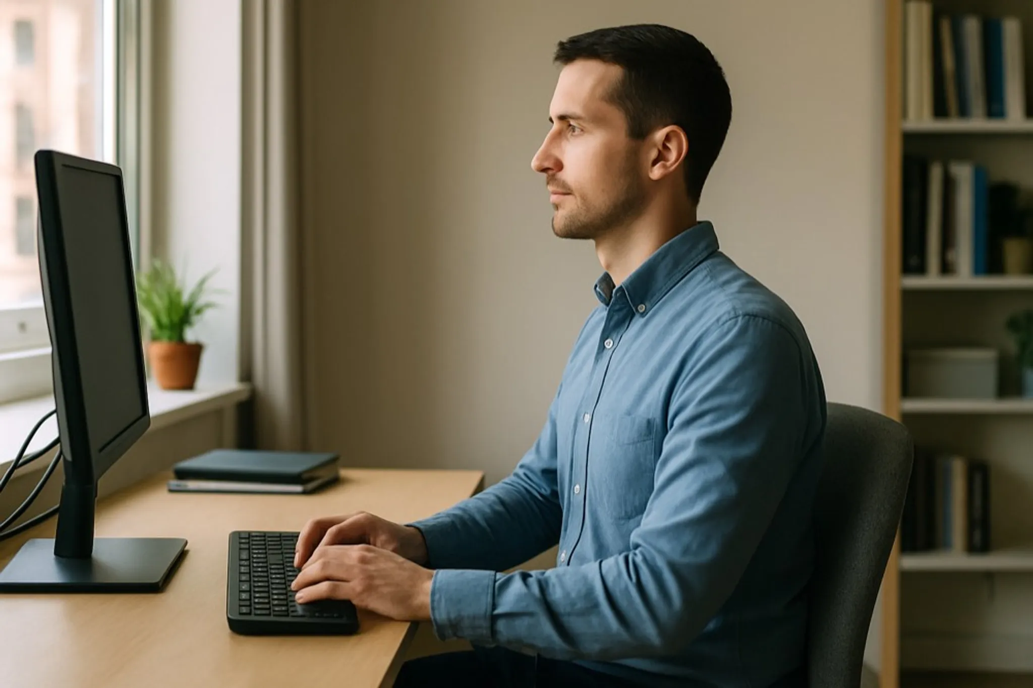 A desk worker sitting at a computer with the screen raised to eye level and feet flat on the floor.