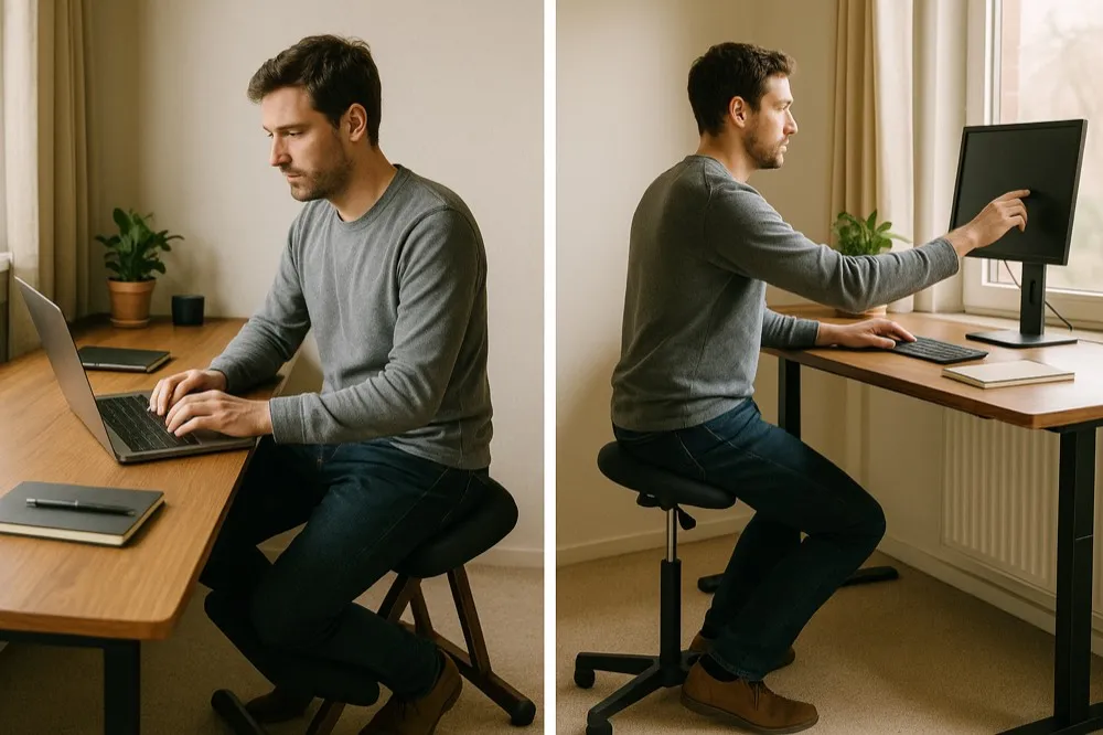 Paired side diagrams comparing a kneeling chair loading the shins with a saddle stool keeping feet flat and pelvis tipped forward.