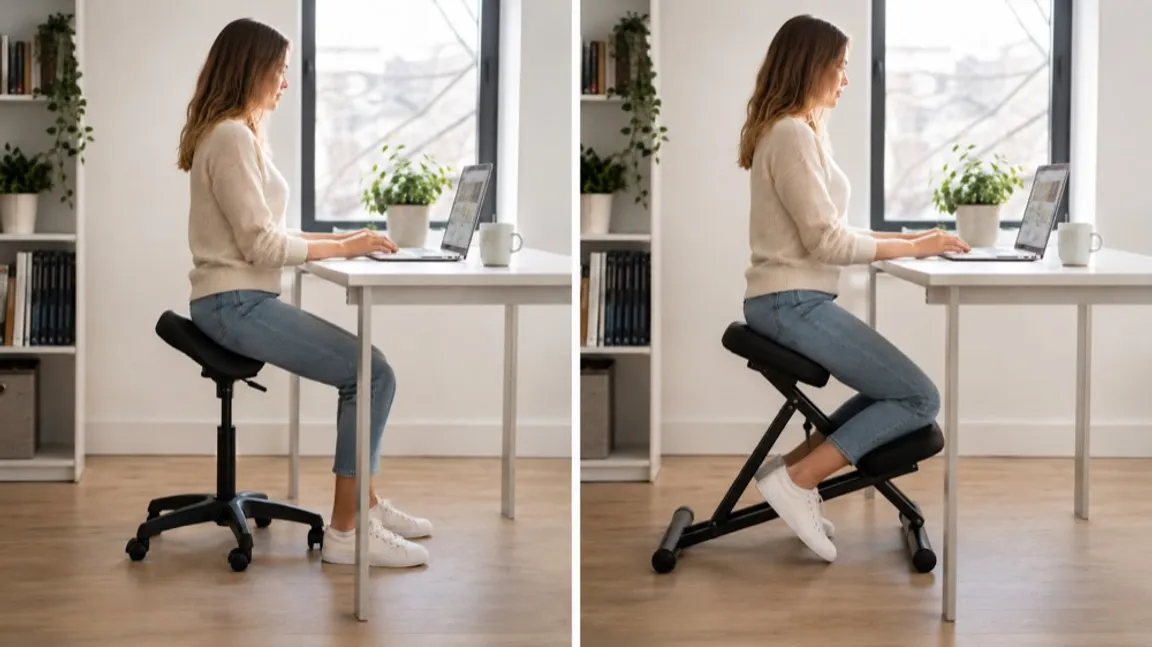Two workers side by side, one on a kneeling chair and one on a saddle stool, at matching desks in natural light.