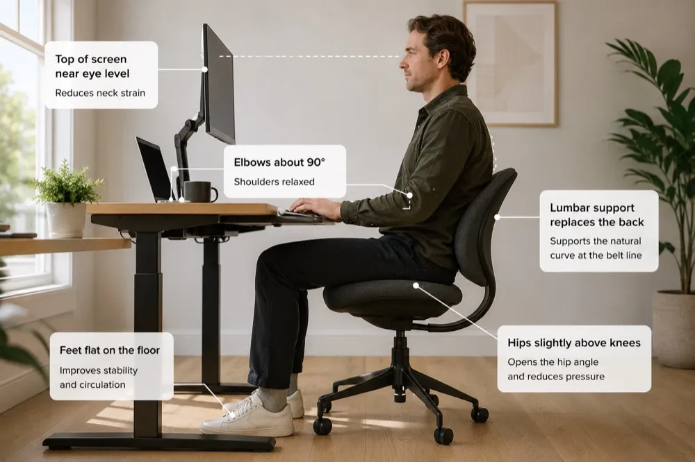 Diagram of a corrected desk setup with raised monitor at eye level, neutral elbows and wrists, feet flat and a lumbar cushion