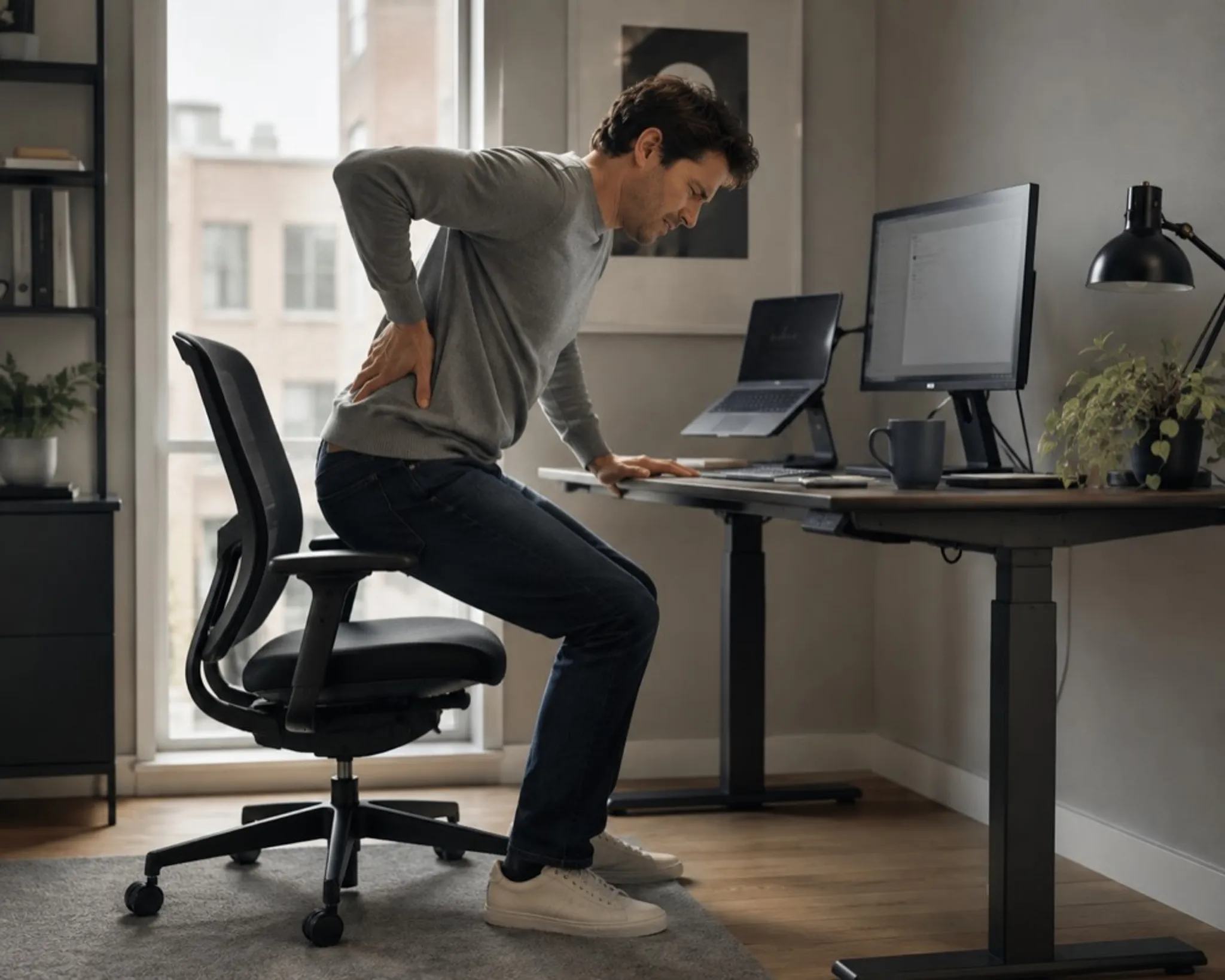 Desk worker pressing a hand to their lower back as they stand up from their chair in the afternoon