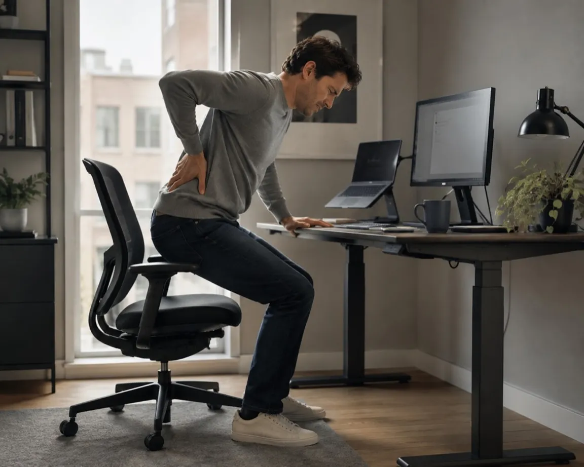 Desk worker pressing a hand to their lower back as they stand up from their chair in the afternoon