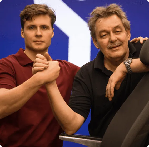 Michael and Klaus, Co-Founders of Levitask with one of the early prototypes of the Vision Chair.