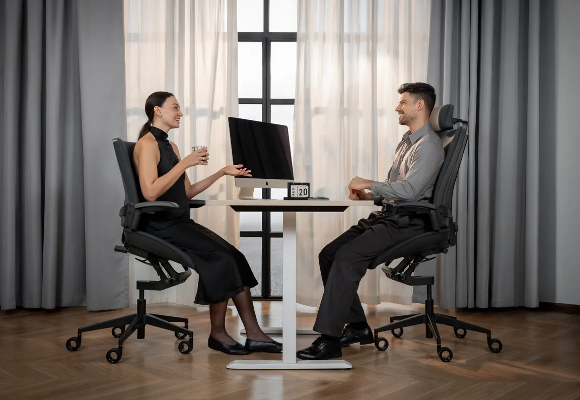 Two people using the Vision Chair at a height-adjustable desk. © Levitask Limited