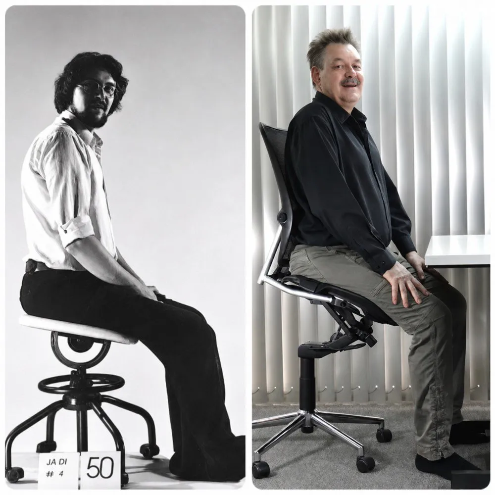 Klaus Kummer seated on an early chair design in the 1980s and on the Vision Chair today