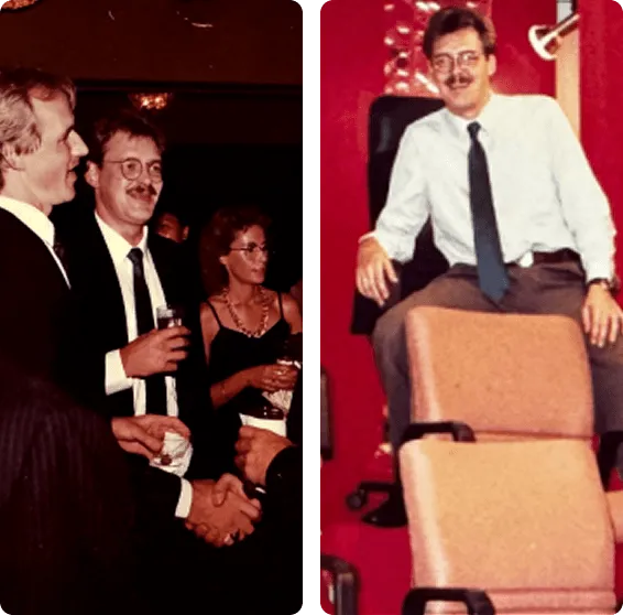 Two side-by-side photographs. The left panel shows a group of people dressed formally at an evening reception. The right panel shows a man in a light-colored dress shirt working with large cardboard boxes in an office setting.