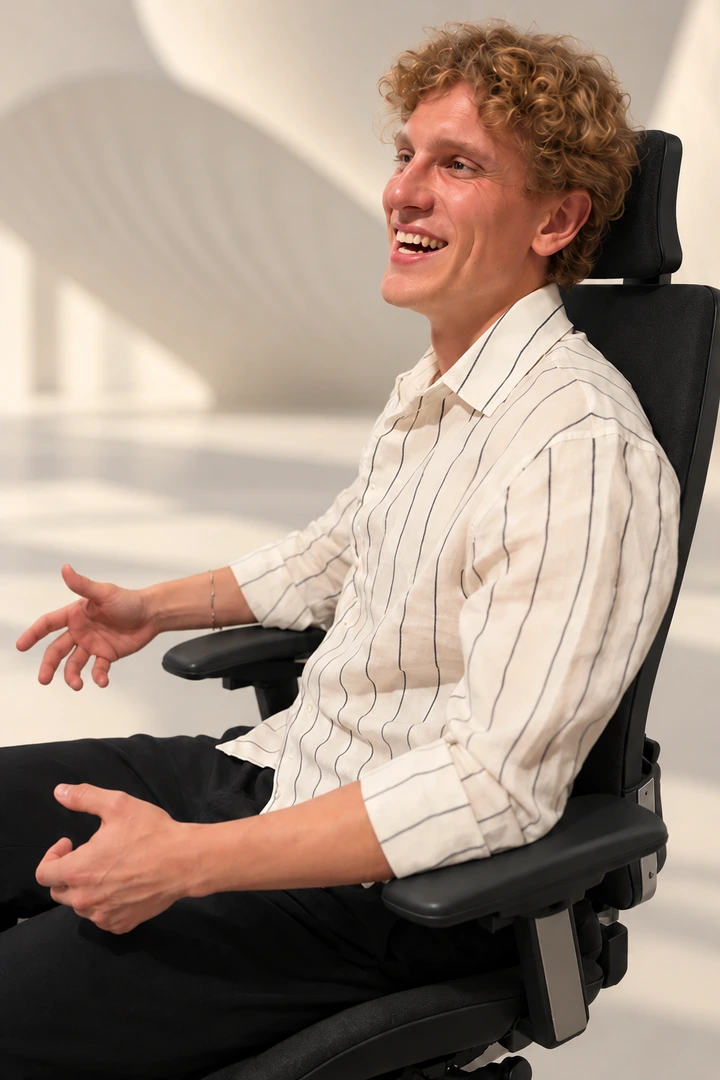 A man in a striped shirt seated in the Vision Chair