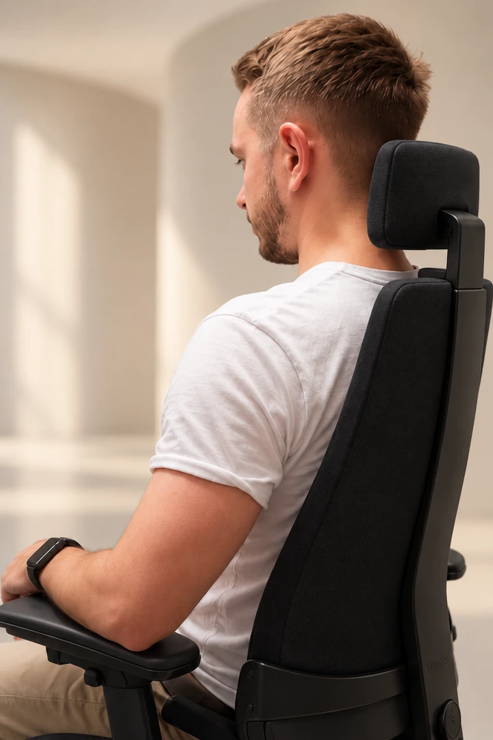 A man seated at a desk in the Vision Chair