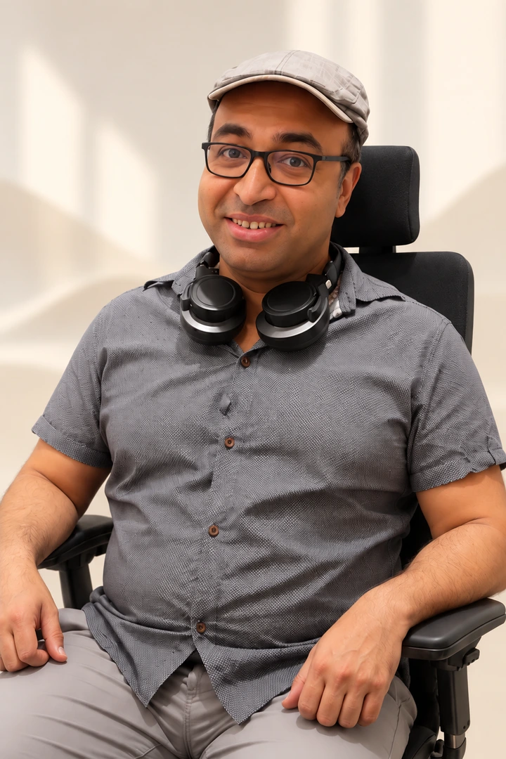 A man with headphones around his neck seated in Vision