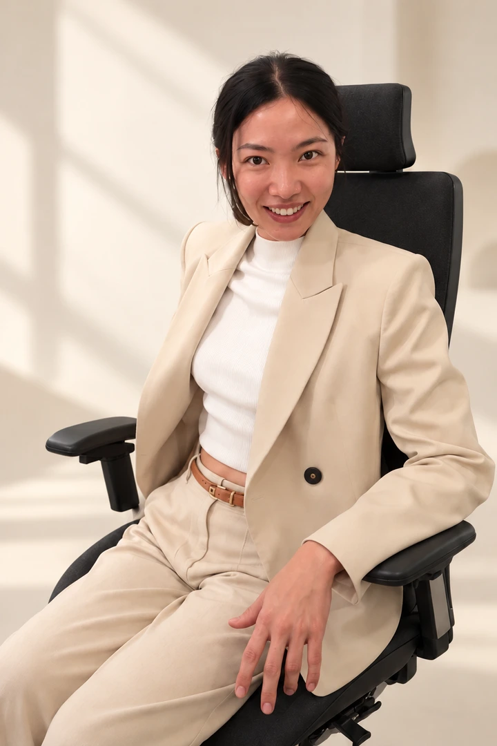 A woman in a light suit seated in the Vision Chair